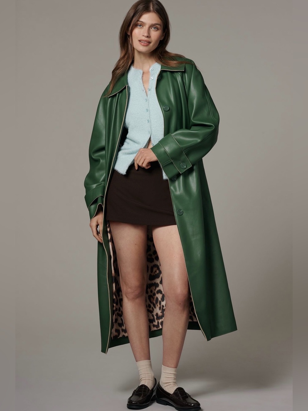 Anthropologie Forest Green Trench Coat with Leopard Lining